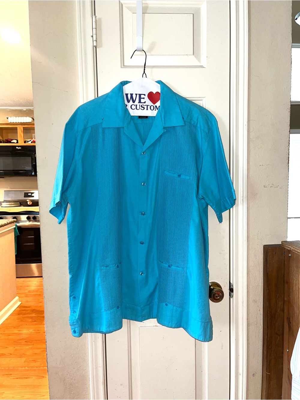 Men's Turquoise Linen Short-Sleeve Button Guayabera Shirt